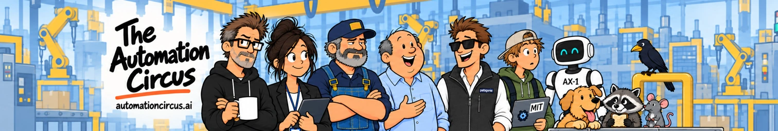 The Automation Circus cast: Jim, Jordan, Mike, the Boss, Chad, the Intern, AX-1 and their animal companions.