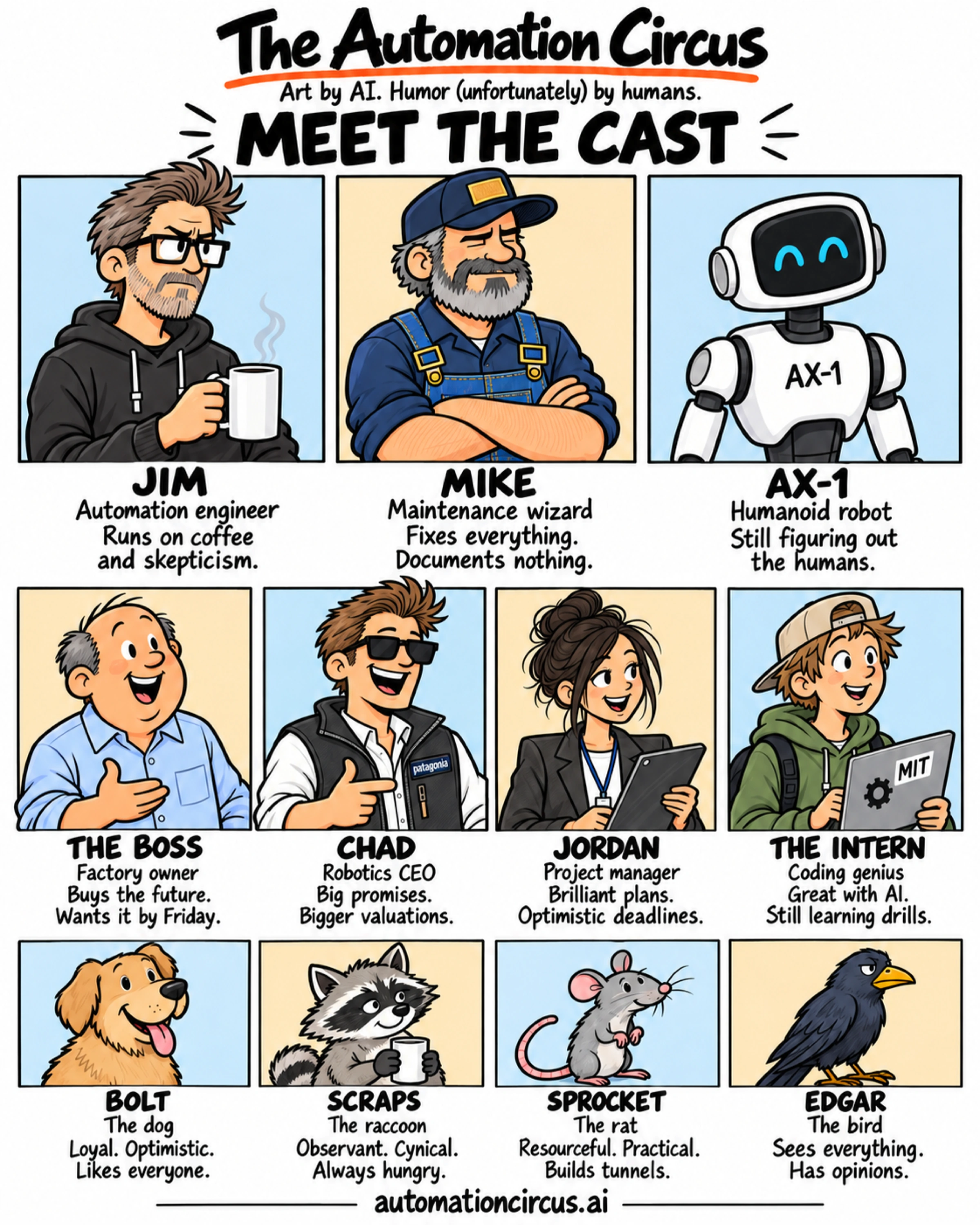 Meet the cast: Jim, Mike, AX-1, the Boss, Chad, Jordan, the Intern, Bolt, Scraps, Sprocket and Edgar, with their portraits and introductions.