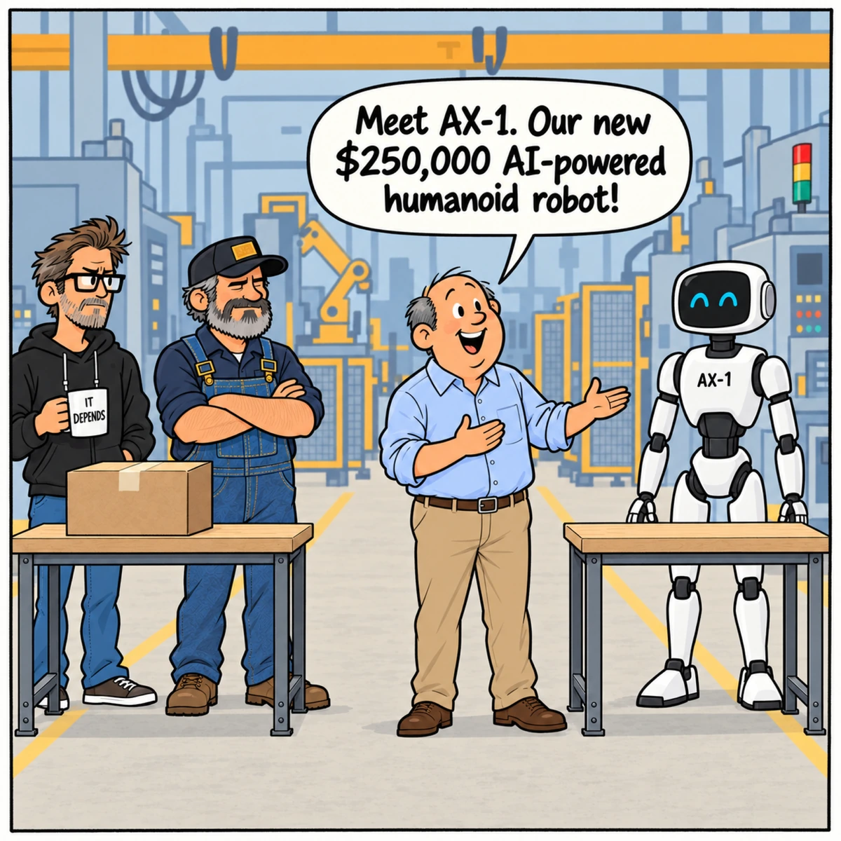 $250,000 Box Mover, panel 1. The Boss introduces AX-1 to Jim and Mike beside two factory tables, one holding a box.