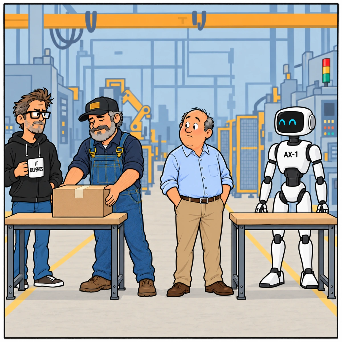 $250,000 Box Mover, panel 3. Without a word, Mike carries the box back to the first table. The Boss's smile fades.