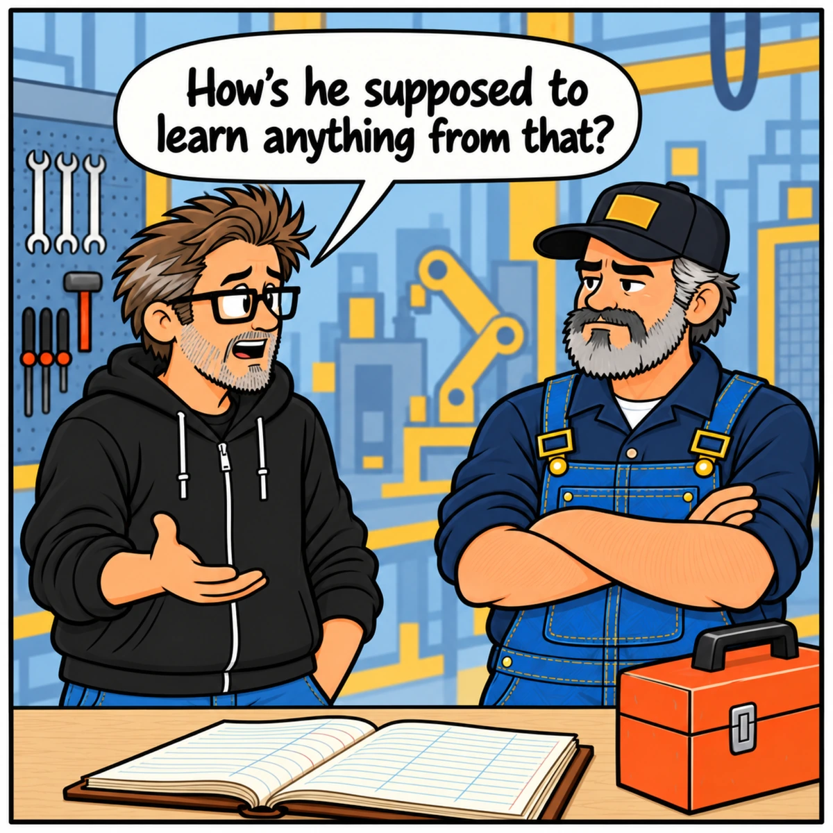 The Knowledge Transfer, panel 3. Jim turns toward Mike, holding the maintenance log.