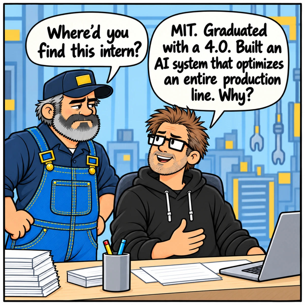 Four Point Oh, Zero Holes, panel 1. Mike approaches Jim at his desk. Jim looks confident.