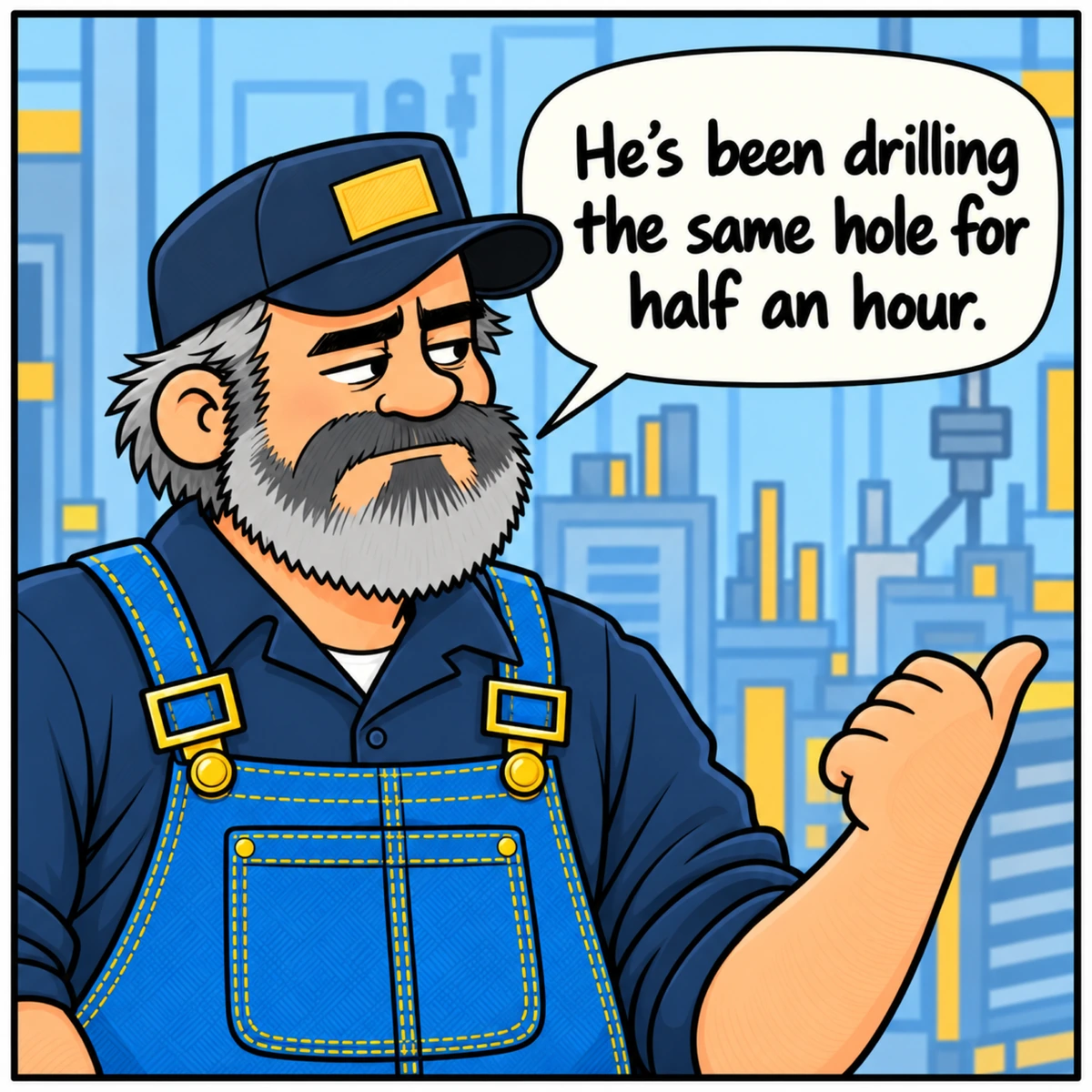 Four Point Oh, Zero Holes, panel 2. Mike gestures toward the shop, unimpressed.