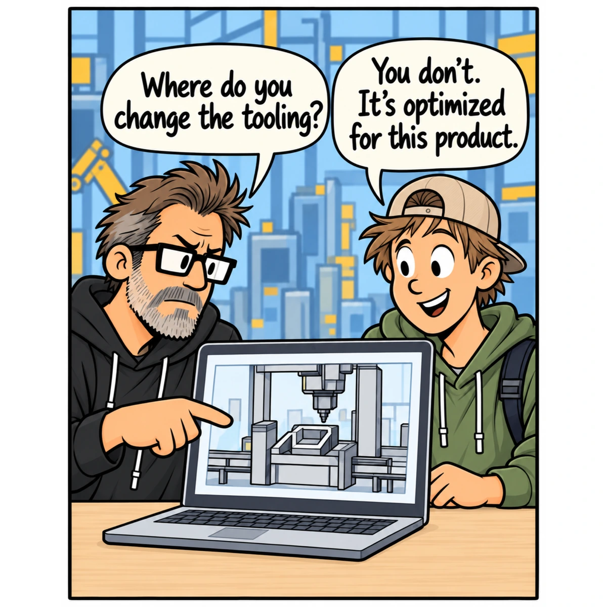 Wasn’t in the Prompt, panel 2. Jim points at the tooling on the laptop's machine design.