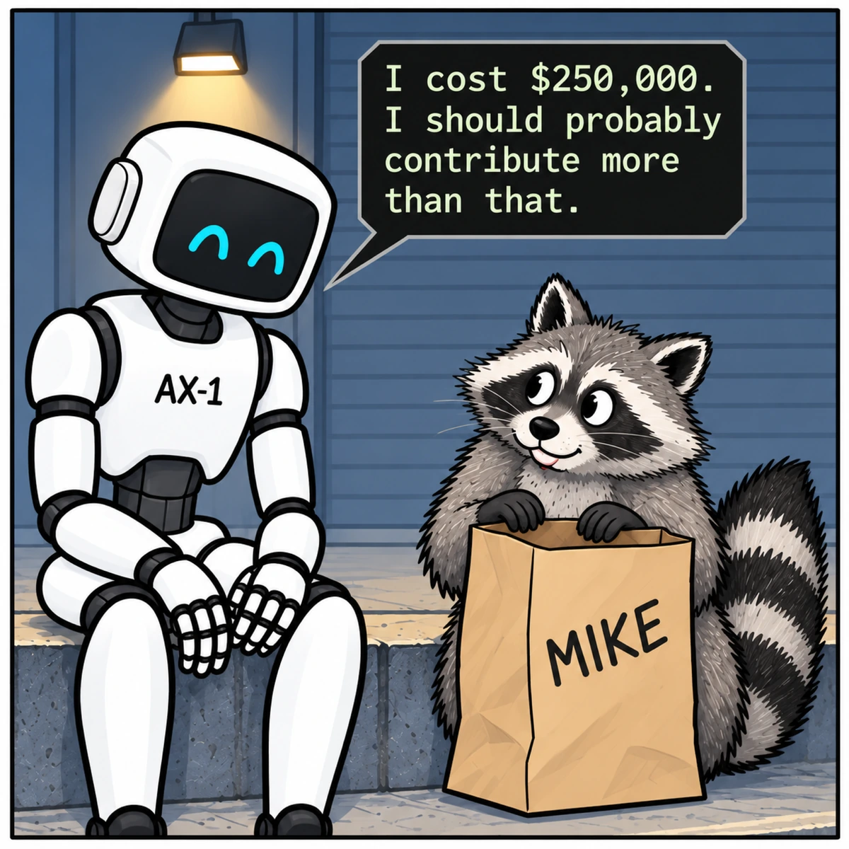 Employee Benefits, panel 3. AX-1 considers his contribution. The raccoon looks up from Mike's lunch bag with empty paws.