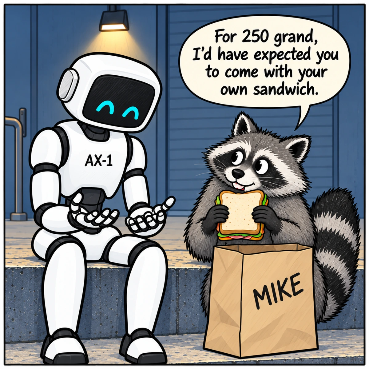 Employee Benefits, panel 4. The raccoon holds a sandwich while AX-1 looks down at his own empty hands.