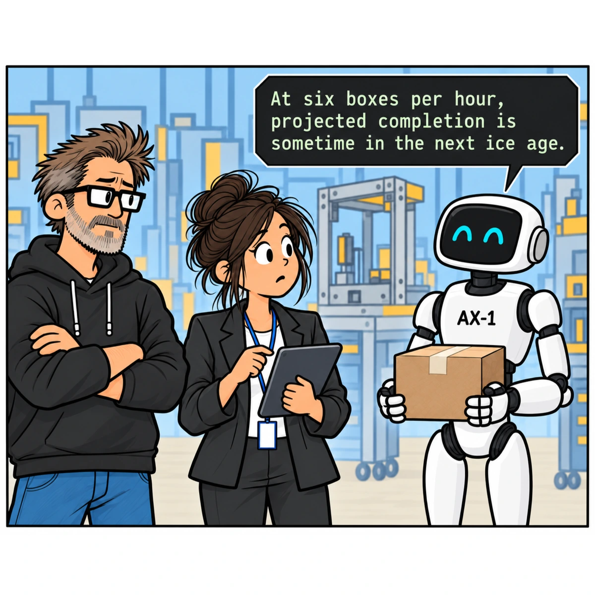 Six Months to Decide, Two Weeks to Deliver, panel 4. AX-1 arrives carrying a small box. Jordan's finger freezes above her tablet; Jim looks at her.