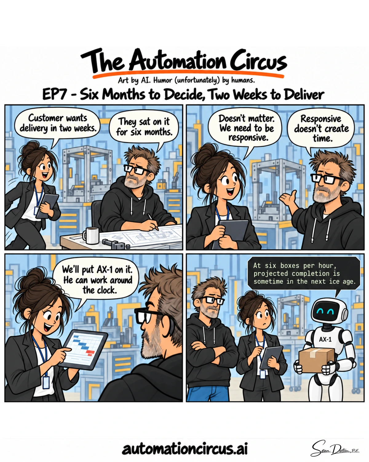 EP07 — Six Months to Decide, Two Weeks to Deliver. Complete four-panel strip.