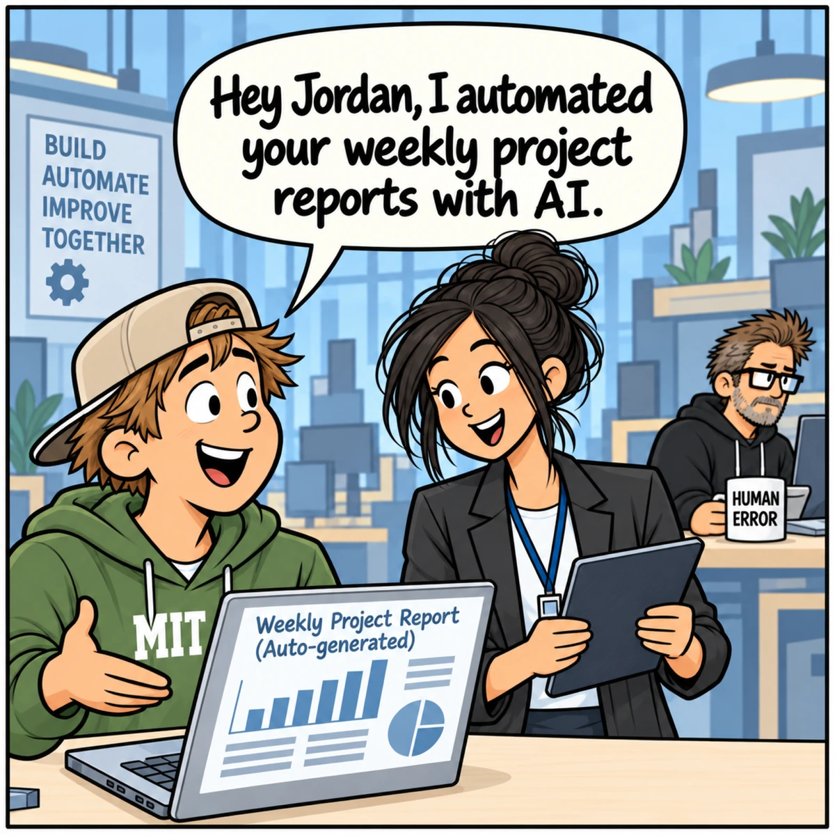 Human Oversight, panel 1. The Intern proudly shows Jordan an automated weekly project report on his laptop. Jim watches from an adjacent desk with his HUMAN ERROR mug.