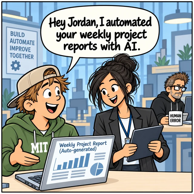 Human Oversight, panel 1. The Intern proudly shows Jordan an automated weekly project report on his laptop. Jim watches from an adjacent desk with his HUMAN ERROR mug.