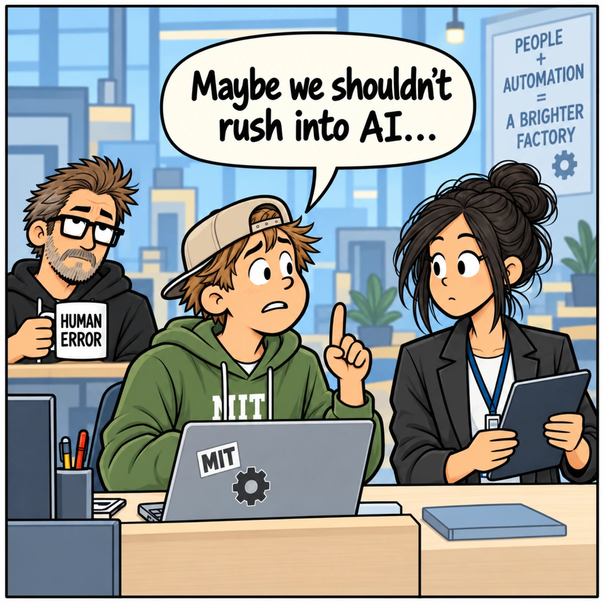 Human Oversight, panel 4. The Intern raises one cautious finger toward Jordan. Behind them, Jim rolls his eyes while holding his HUMAN ERROR mug.