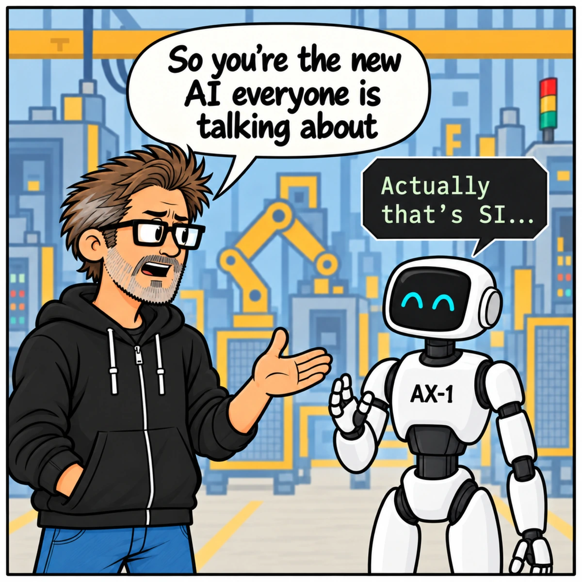 The Deadnaming Incident, panel 1. Jim casually gestures toward AX-1 on the factory floor. AX-1 raises a hand to correct him.