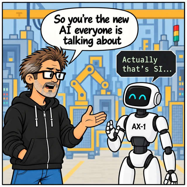 The Deadnaming Incident, panel 1. Jim casually gestures toward AX-1 on the factory floor. AX-1 raises a hand to correct him.