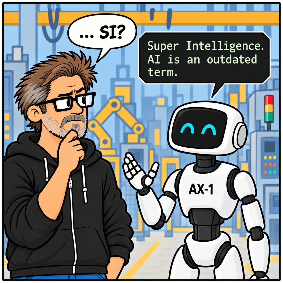 The Deadnaming Incident, panel 2. Jim raises an eyebrow and holds his chin while AX-1 confidently explains with an open-hand gesture.