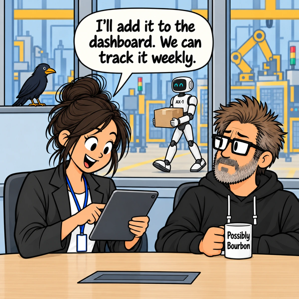 Quantifying Innovation, panel 2. Jordan taps her tablet while Jim watches with his Possibly Bourbon mug. Behind the window, Edgar watches and AX-1 walks left carrying the box.