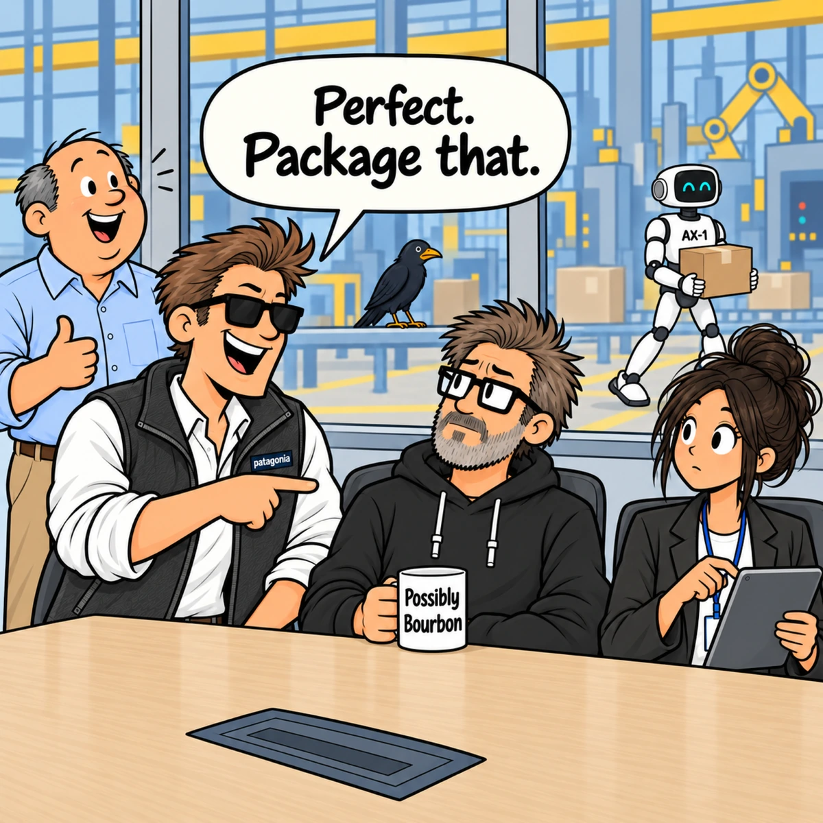 Quantifying Innovation, panel 4. Chad points at Jim with a confident grin. The Boss gives a thumbs-up, and Jordan pauses over her tablet. Edgar stays on the window sill while AX-1 carries the box to the right.