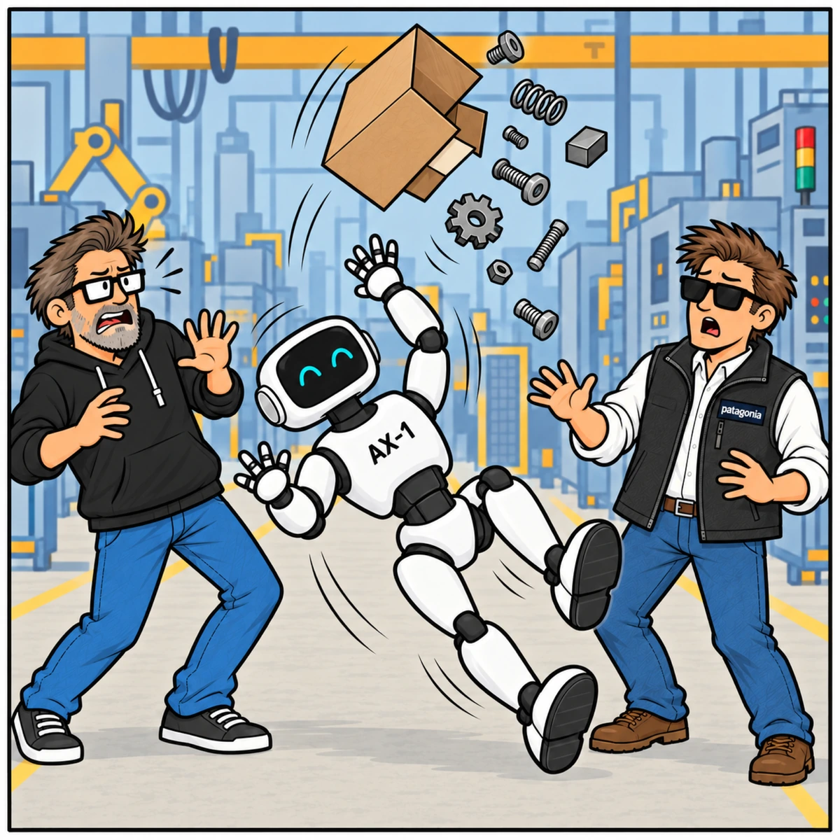 LinkedIn Thought Leadership, panel 1. AX-1 falls backward on the factory floor, throwing a box and small parts into the air. Jim winces and Chad watches. A silent beat with no dialogue.