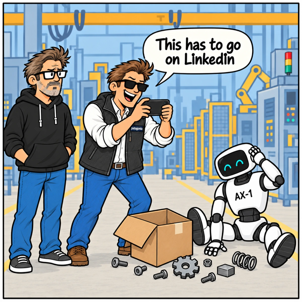LinkedIn Thought Leadership, panel 2. Chad smiles and photographs AX-1 sitting on the floor beside the fallen box and scattered parts. Jim watches in disbelief.