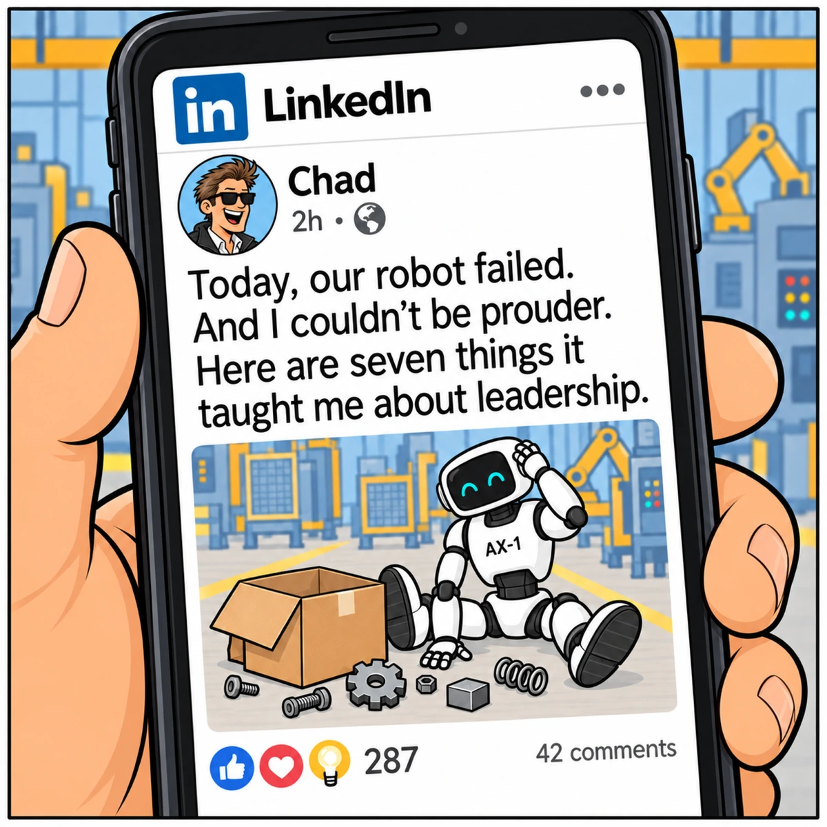LinkedIn Thought Leadership, panel 3. A close-up of Chad’s phone shows his LinkedIn post and photograph of AX-1 on the floor beside the box. The post reads: “Today, our robot failed. And I couldn’t be prouder. Here are seven things it taught me about leadership.” The screen shows 287 reactions and 42 comments. No spoken dialogue.